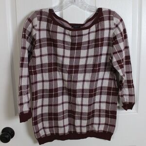 Ann Taylor Factory Plaid 3/4 Sleeve Knit Top‎ Brown Cream Womens Size M